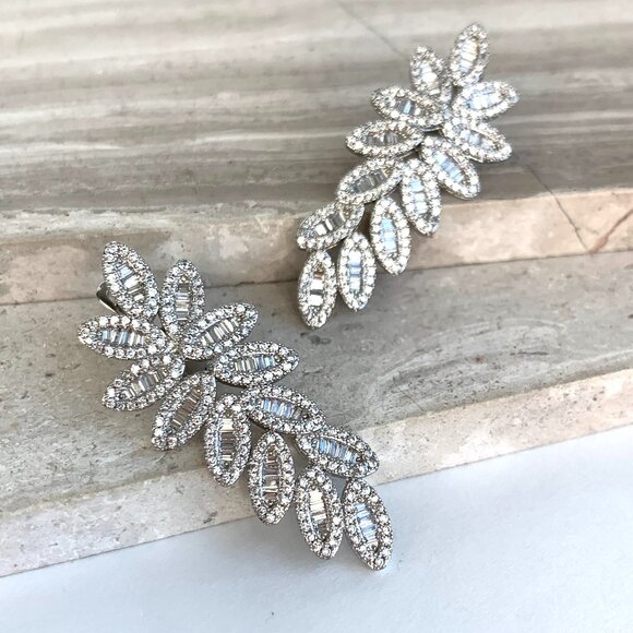 NEW ~ Anthropologie Pavé X Baguette Fancy Flower Drop Stud Silver Earrings - Picture 6 of 14